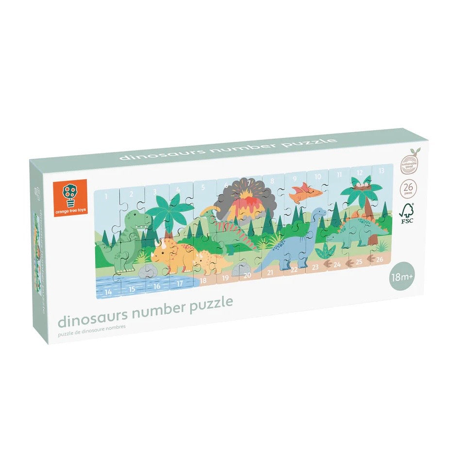 Colourful cardboard box displaying our wooden Dinosaur Number Puzzle