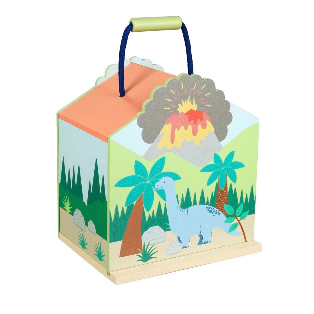 Wooden box with dinosaur theme play set