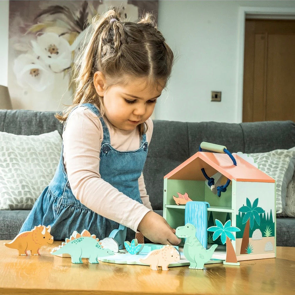 Child playing with our wooden Dinosaur Play Set
Completely plastic free and made from sustainable wood 
