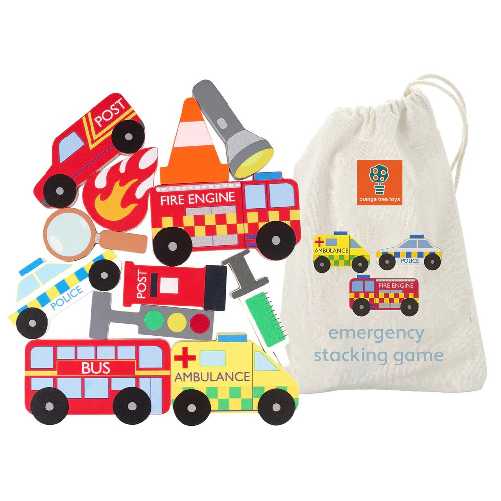 Emergency Stacking Game stored in a cotton drawstring bag 