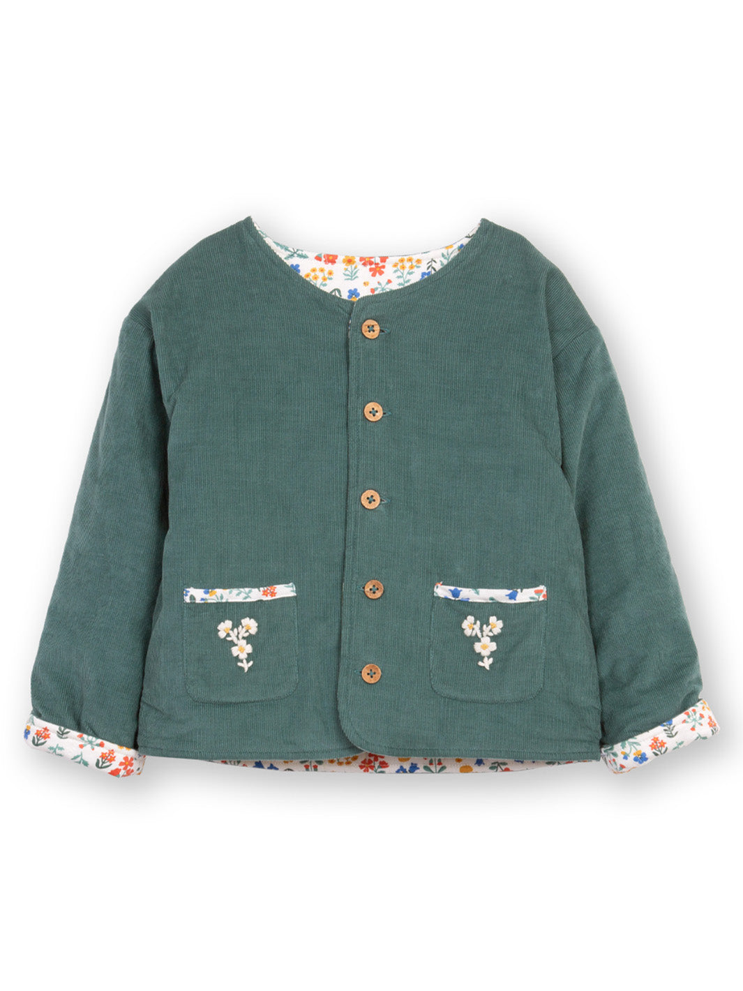 Green children's jacket with floral details on a white background
