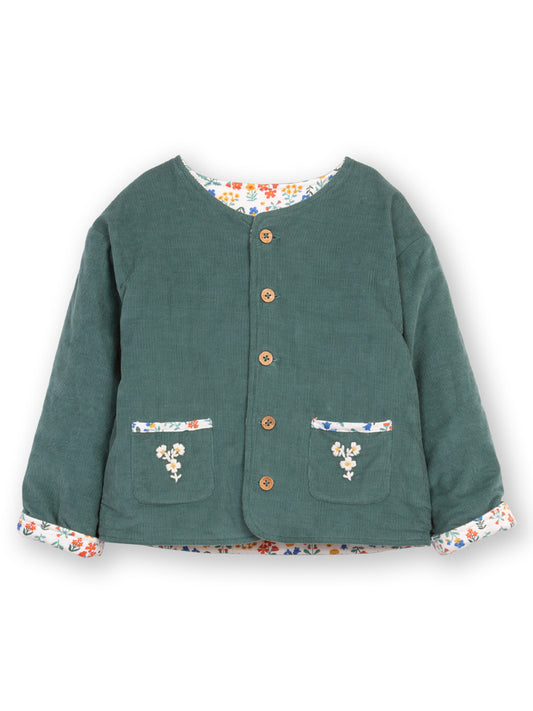 Green children's jacket with floral details on a white background