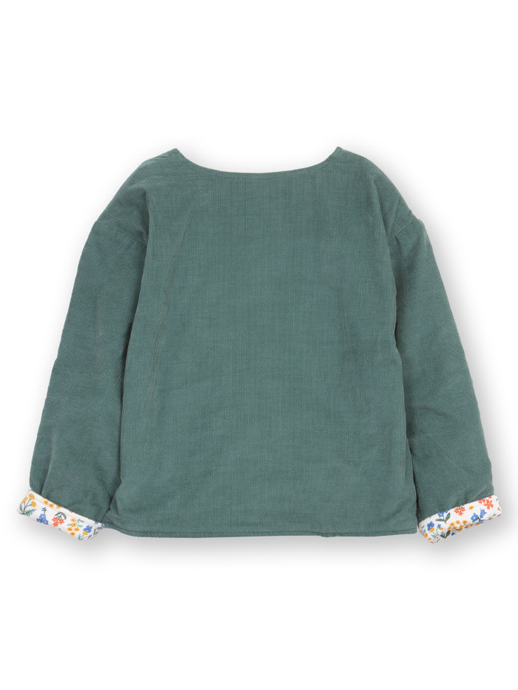 Green long-sleeve jacket with floral cuffs on a white background