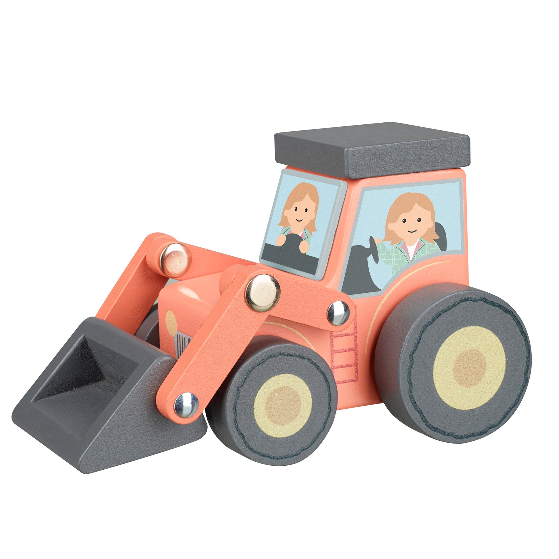 A wooden farm loader push toy with a cartoon character figure in the driver's seat.