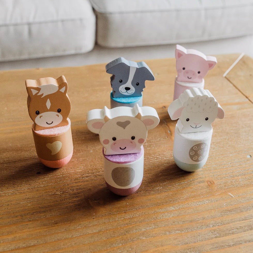 The set contains 5 brightly coloured farmyard characters, and 1 wooden ball!

Wooden animal skittles 
Wooden toys
