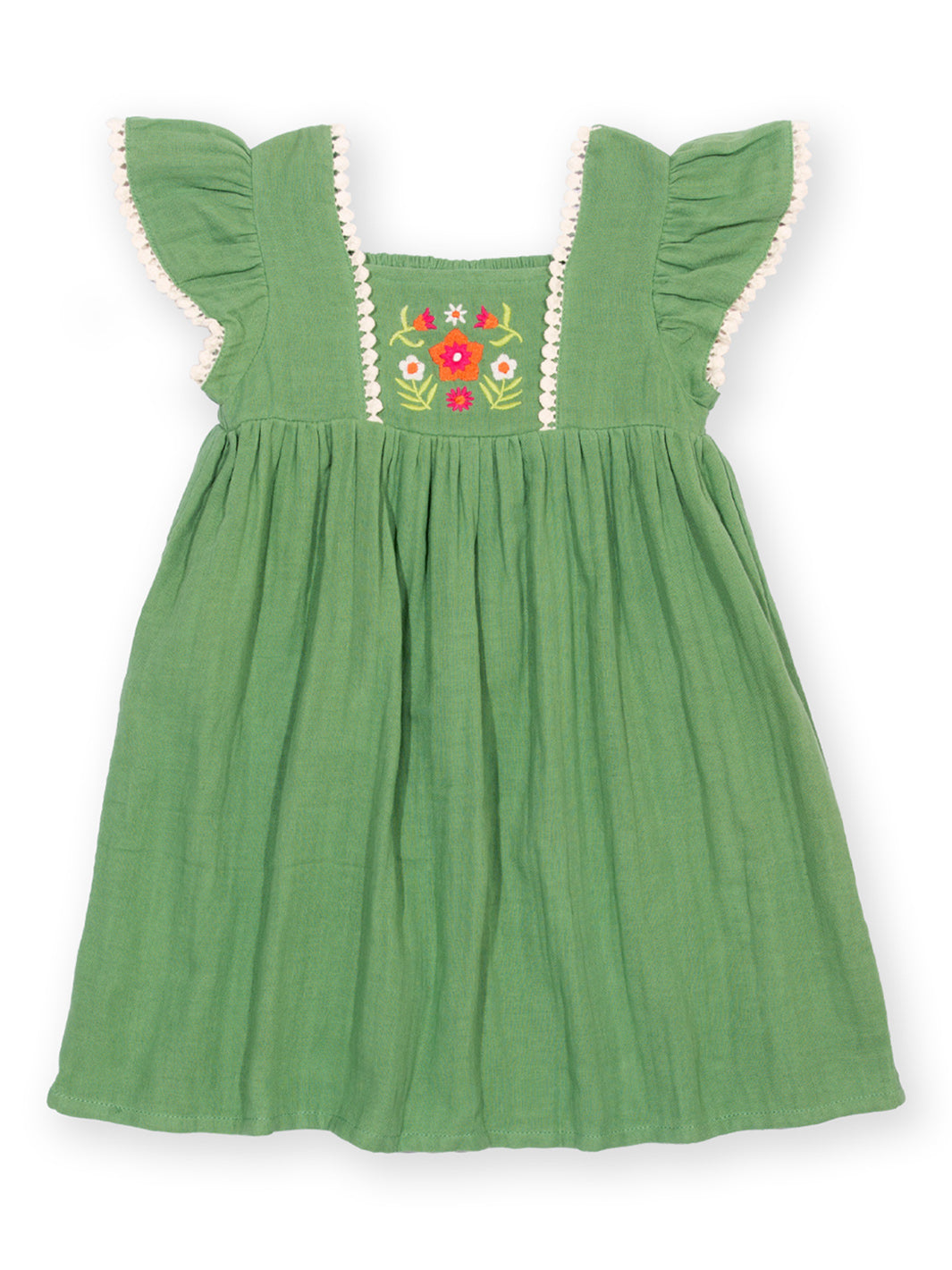 Green dress with floral embroidery on a white background

Children's clothing 
Organic cotton 
Fairy 
Dress
Summer Clothing 
Summer outfit
