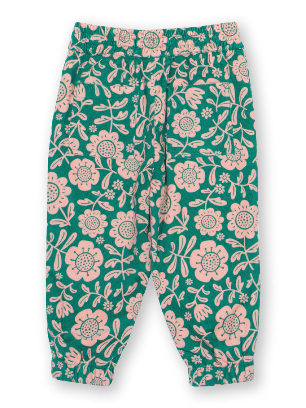 Floral patterned cord trousers on a white background