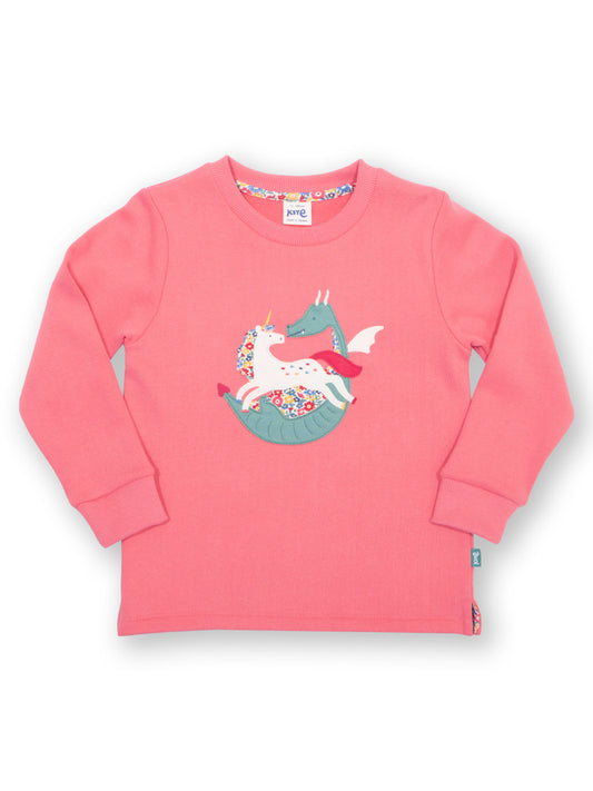 Children's pink sweatshirt with a dragon and unicorn appliqué on the front 