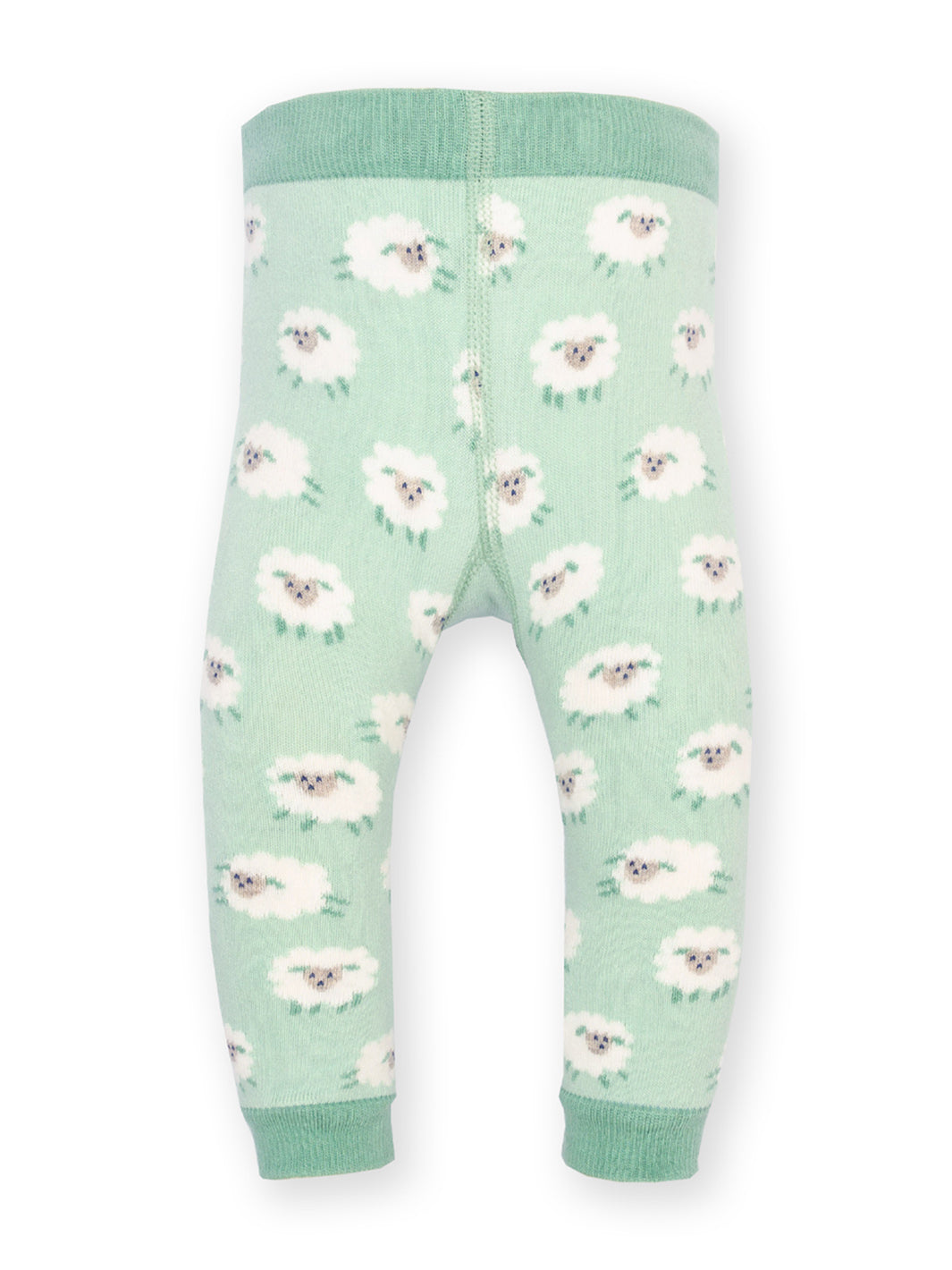 Green baby leggings with white floral pattern on a white background
