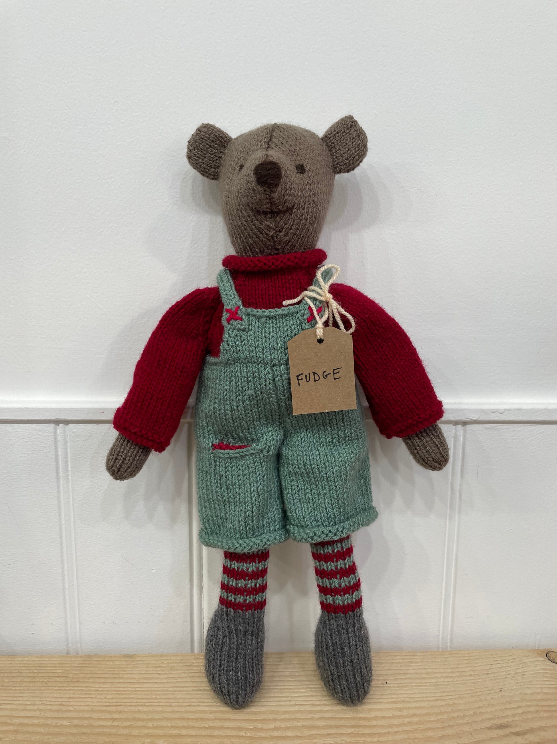 Hand knitted soft toy, bear called Fudge 