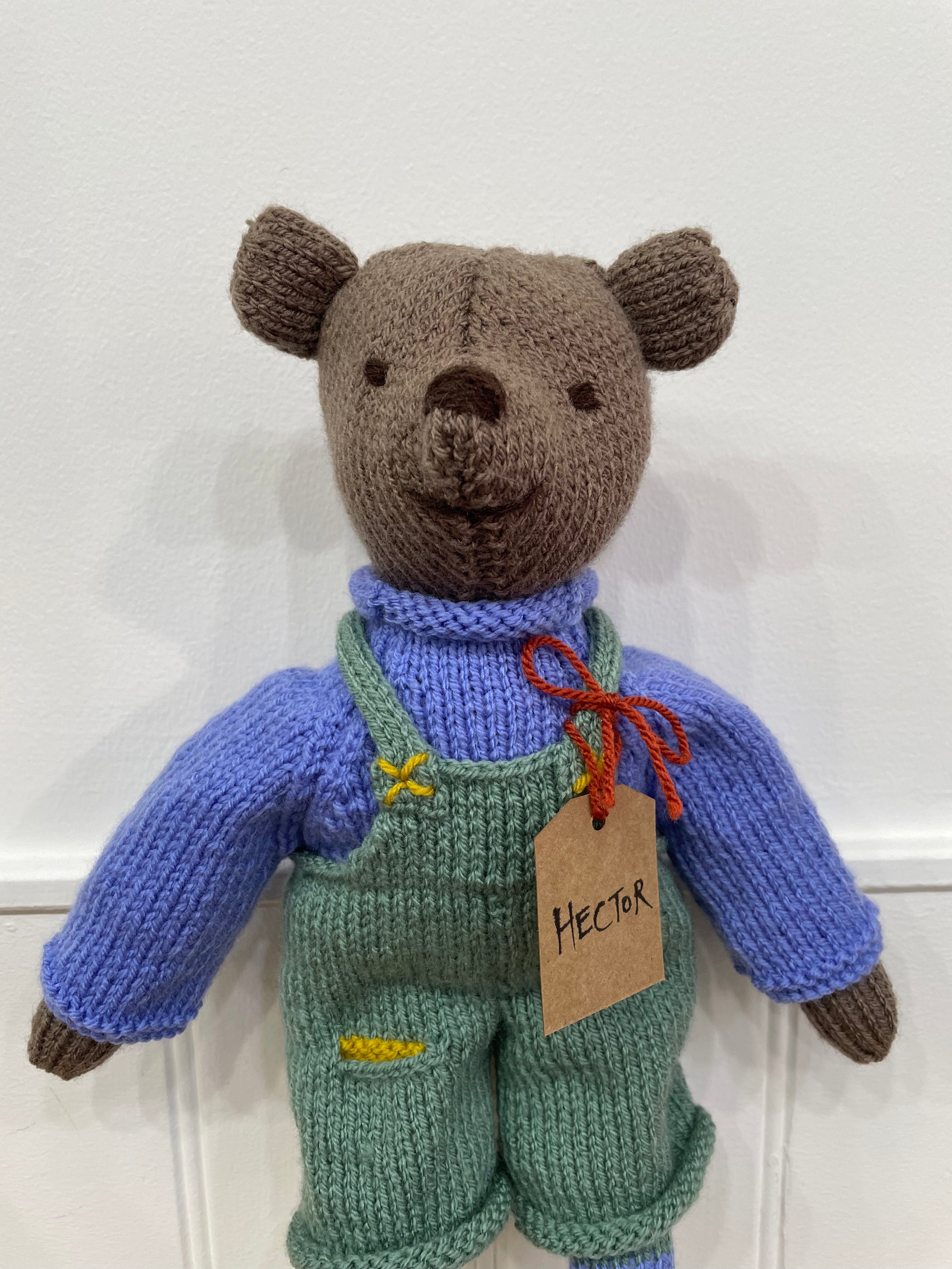 Close up picture of our hand knitted bear. Meet Hector 