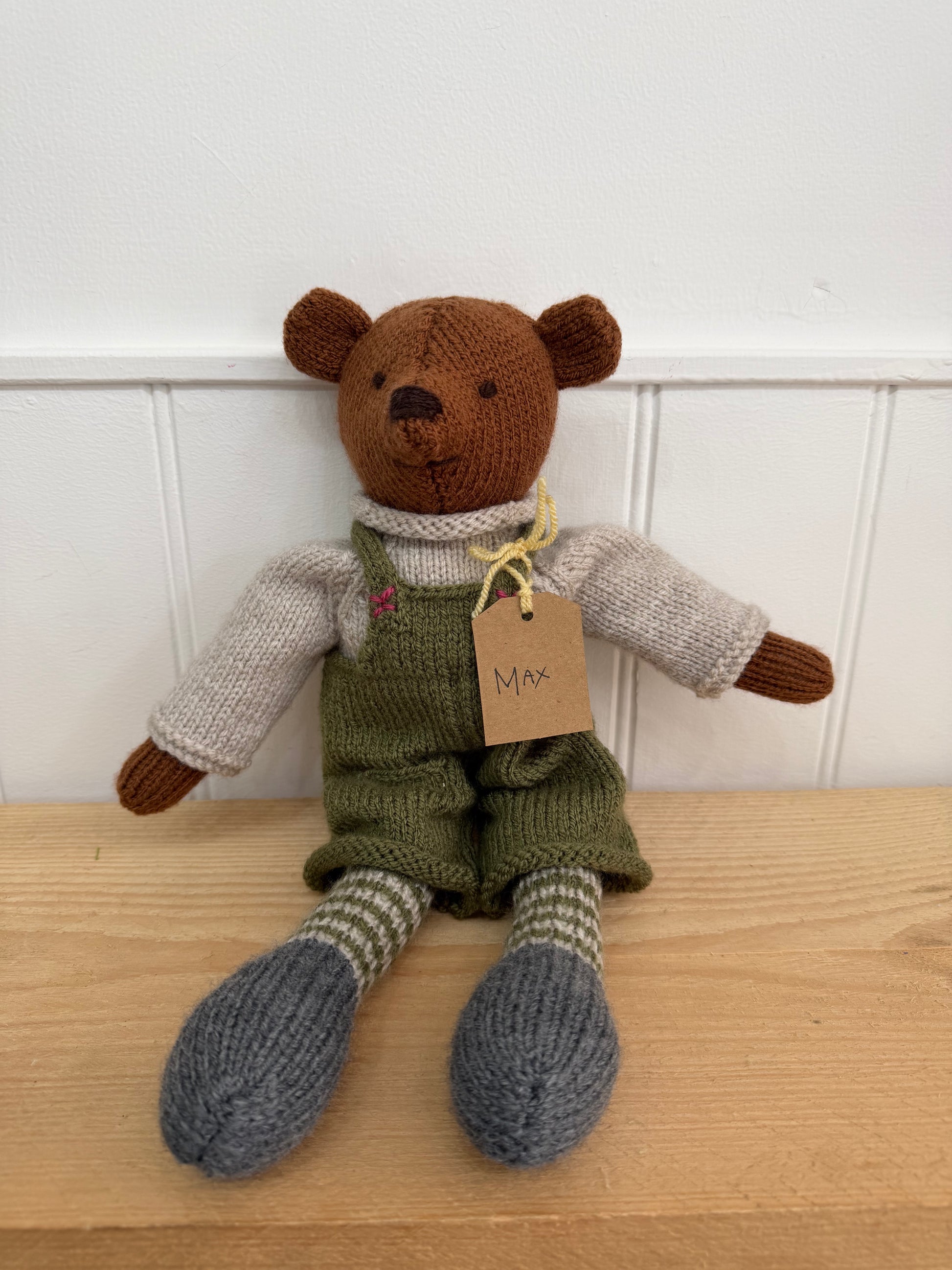 Max the bear. Lovingly hand made in South Oxfordshire. 

Hand knitted bear 
Perfect for new baby presents
Locally made
Hand made
Unique presents  