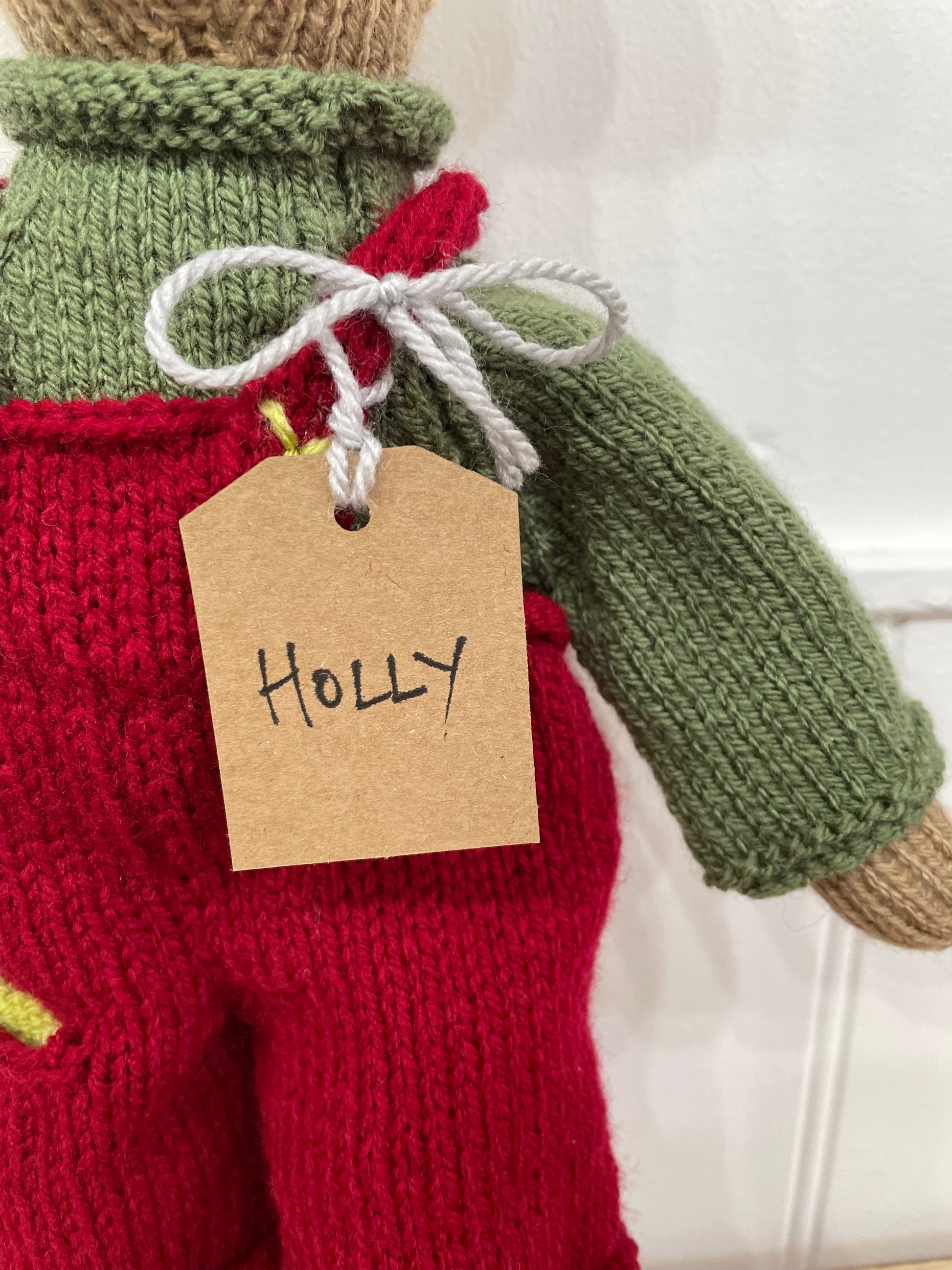 Hand knitted soft toy names Holly 
Handmade in South Oxfordshire 