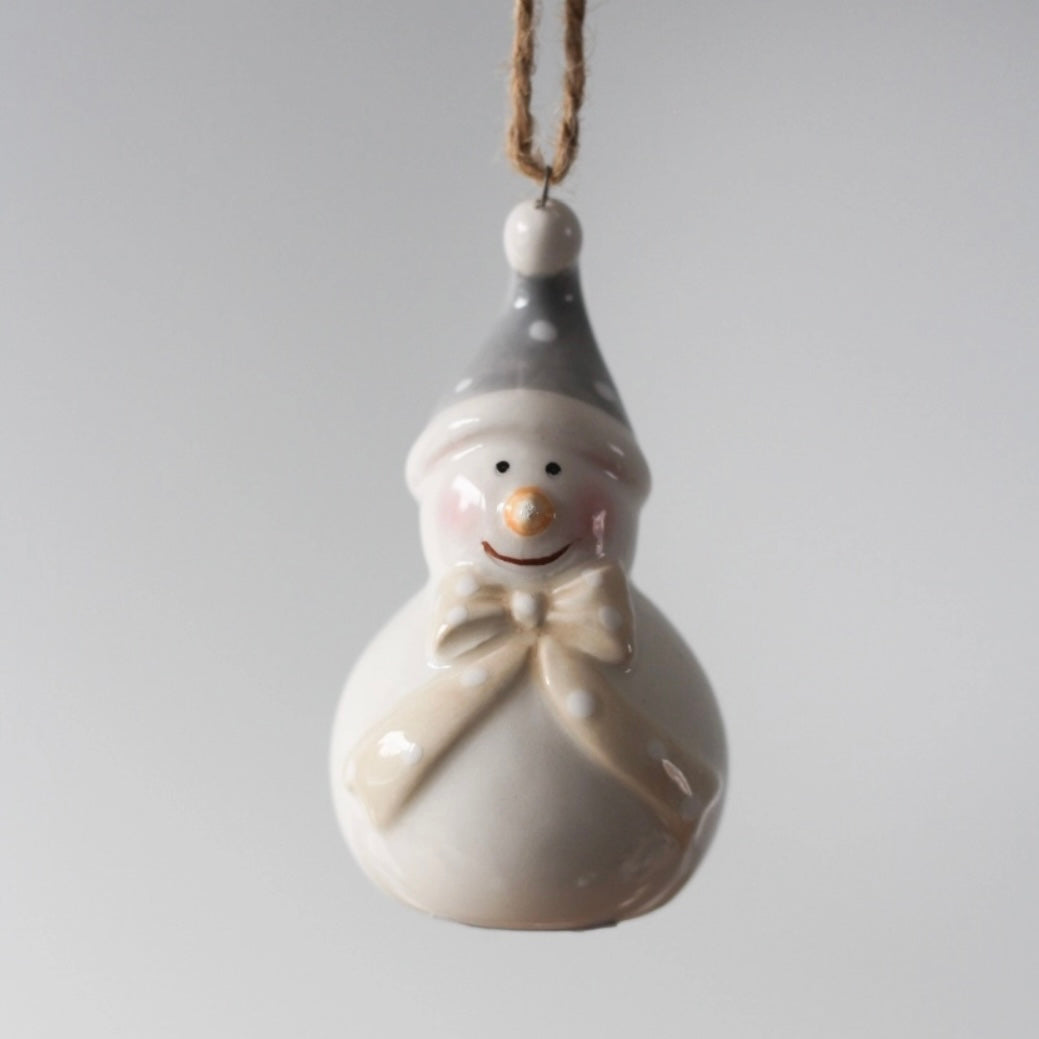 Snowman ornament with a gray hat and white beard on a plain background