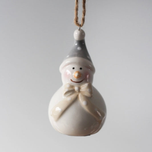 Snowman ornament with a gray hat and white beard on a plain background