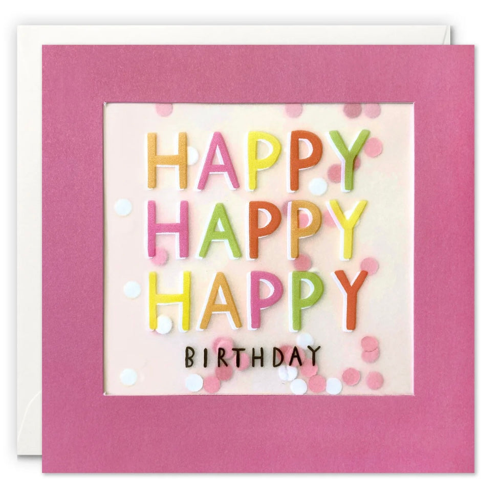 Colorful 'Happy Happy Happy Birthday' card with a pink border
