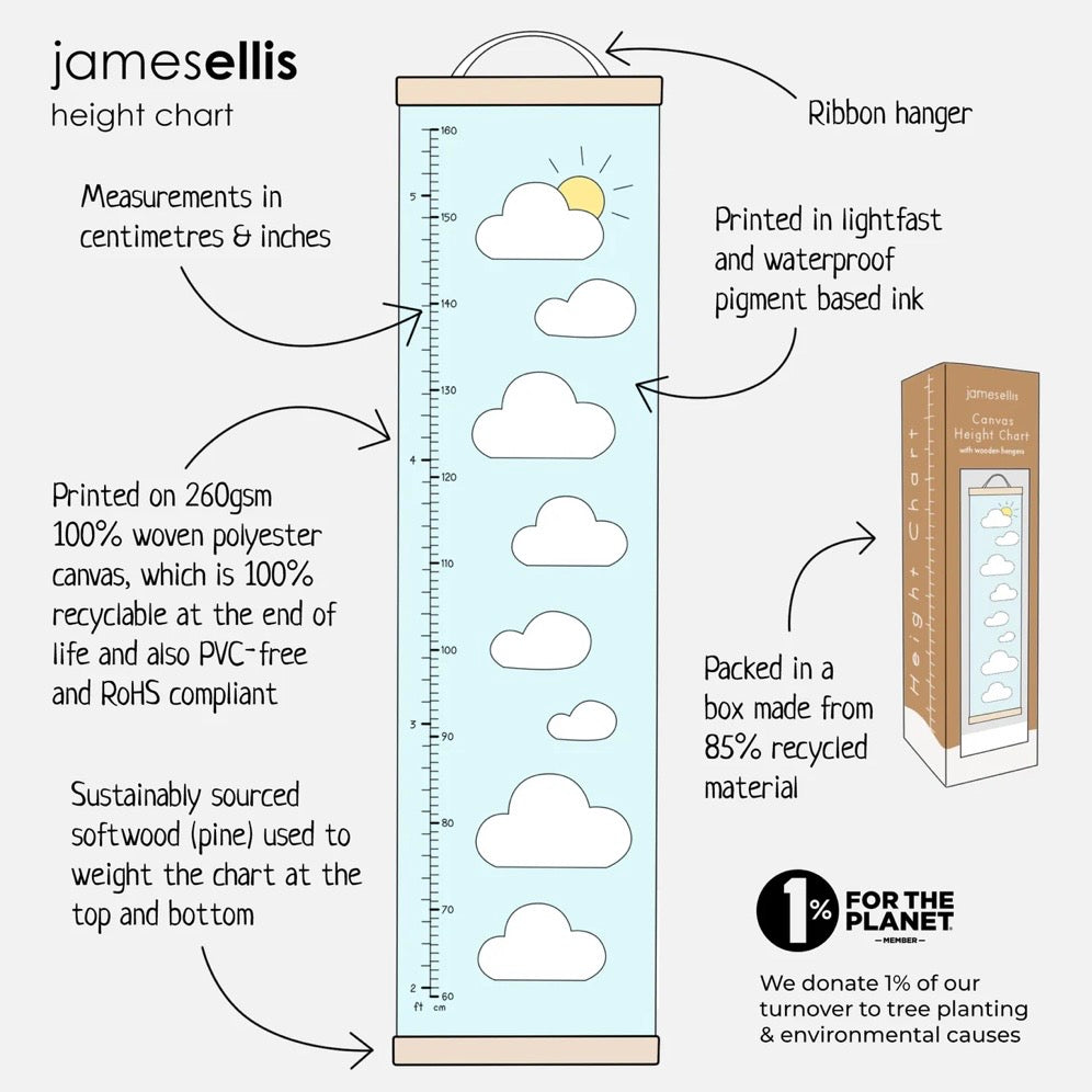 Height chart with cloud design, packaging, and sustainability information.