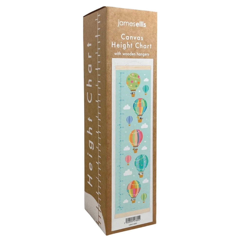 Box for a canvas height chart with hot air balloon design on a white background