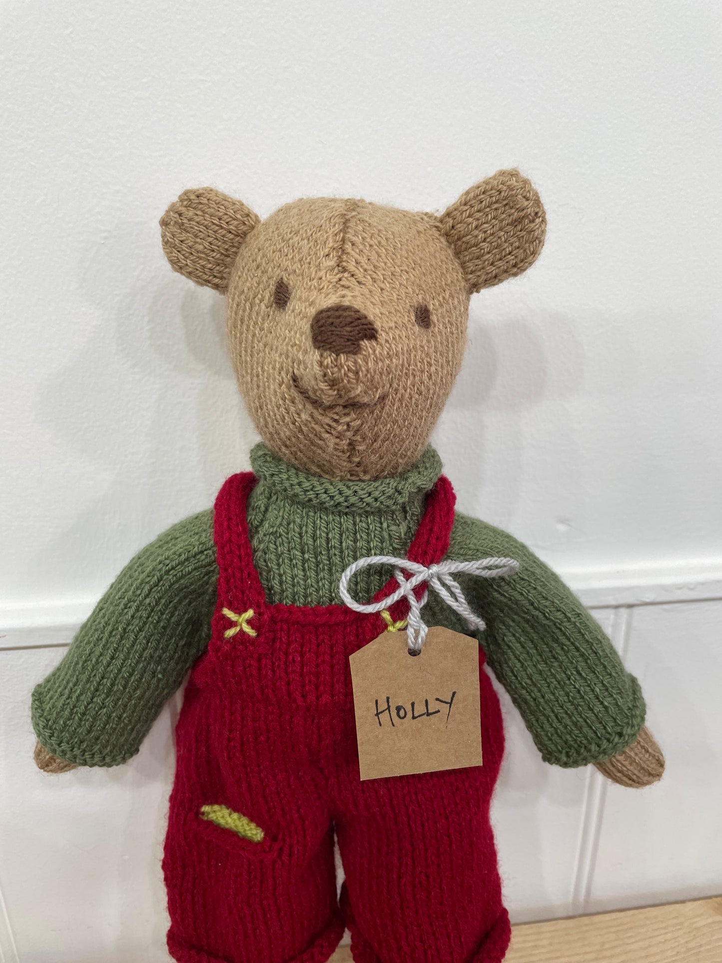 Hand knitted soft toy names Holly 
Handmade in South Oxfordshire 
Perfect for new baby presents 