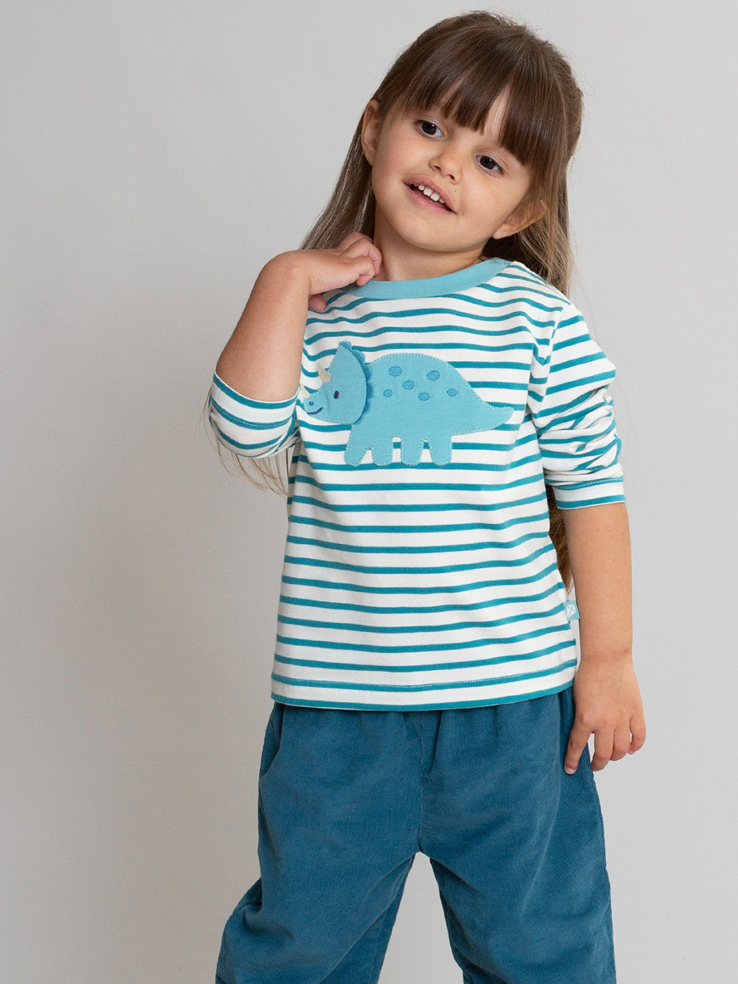A young child wearing a light blue and white striped long-sleeve t-shirt with a blue dinosaur applique on the front, paired with blue corduroy pants, photographed against a neutral light gray background.

Organic cotton
Reversible 
Check
GOTS Certified 
Boys clothing
Gender neutral clothing 
Children's clothing 