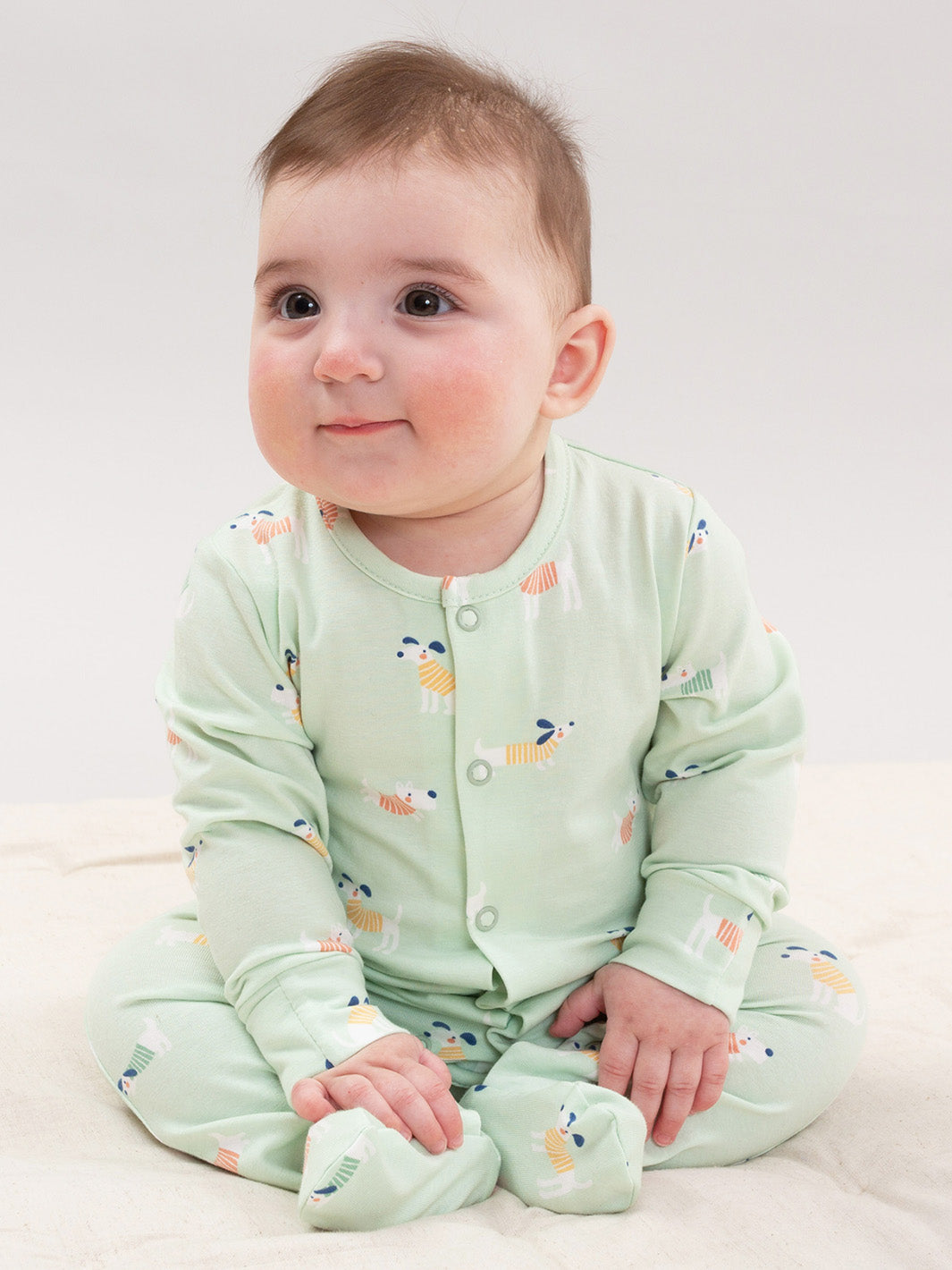 A baby sitting and wearing a pale mint green footed sleeper with a small multicolour animal print, photographed against a soft off-white studio background.

Organic cotton 
Sleepsuit
Onesie
All in one 
Baby clothing 
Kite clothing 
New baby clothing