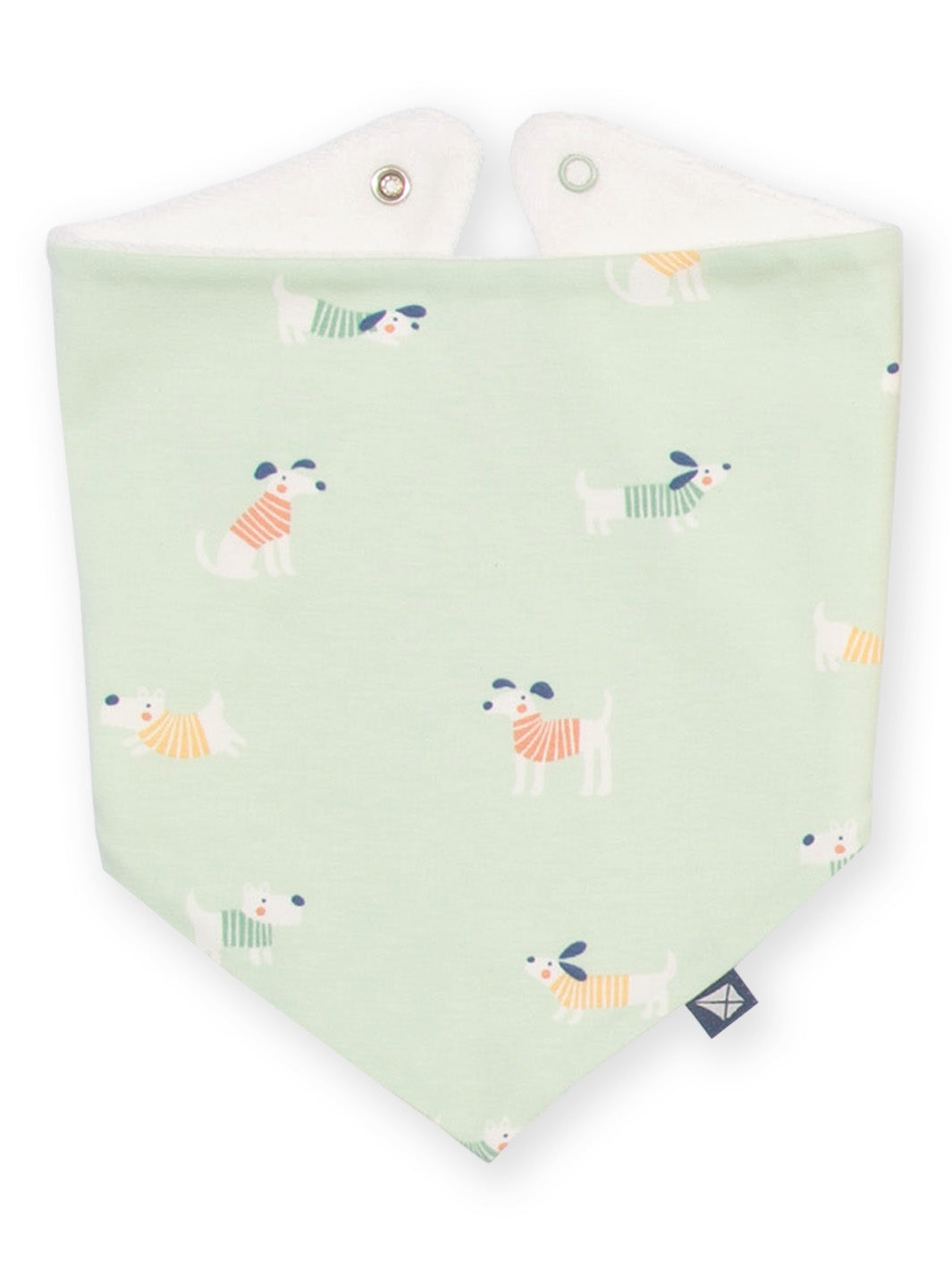 A pale mint green baby bandana bib with a playful pattern of small dogs wearing striped sweaters, featuring a white inner lining and metal snap closures at the top.

Bib
Baby clothing
Organic cotton 
Lucky Pups 
New baby
New baby gifts
Gender neutral 
Kite Clothing 
