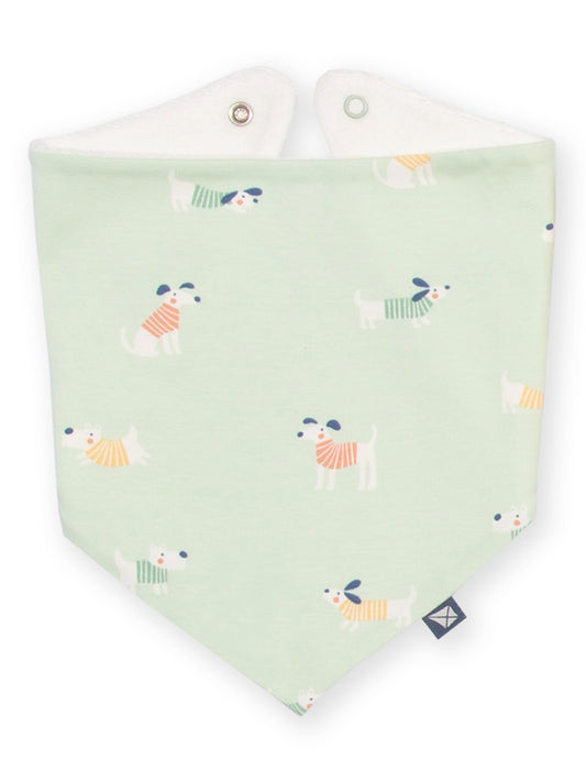 A pale mint green baby bandana bib with a playful pattern of small dogs wearing striped sweaters, featuring a white inner lining and metal snap closures at the top.

Bib
Baby clothing
Organic cotton 
Lucky Pups 
New baby
New baby gifts
Gender neutral 
Kite Clothing 