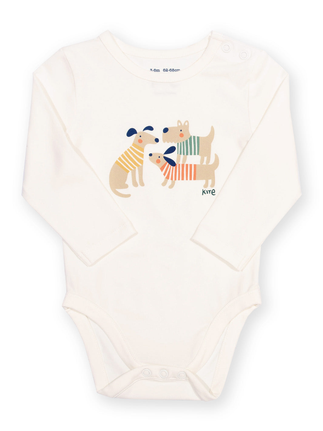 An off-white long-sleeve baby bodysuit featuring a colorful graphic of three dogs wearing striped sweaters, with the brand name 'kve' printed below the illustration.

Baby clothing 
Kite clothing
Organic cotton 
New baby gift
Gender neutral 