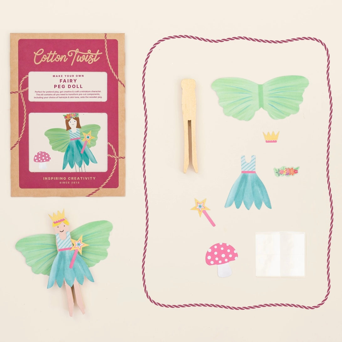Craft kit to Make Your Own Fairy Peg Doll showing everything in kit