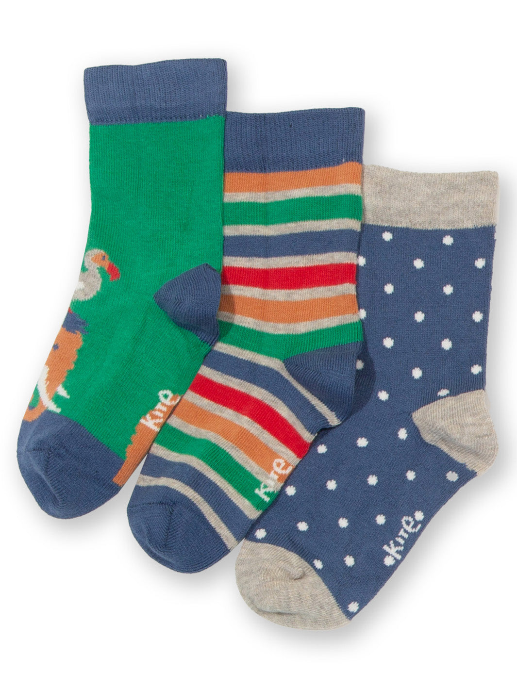 Three pairs of colourful children's socks on a white background
Woolly mammoth. stripes & dots