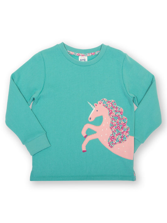 Childs sweatshirt with a unicorn appliqué on the front 
Turquoise sweatshirt made from organic cotton 