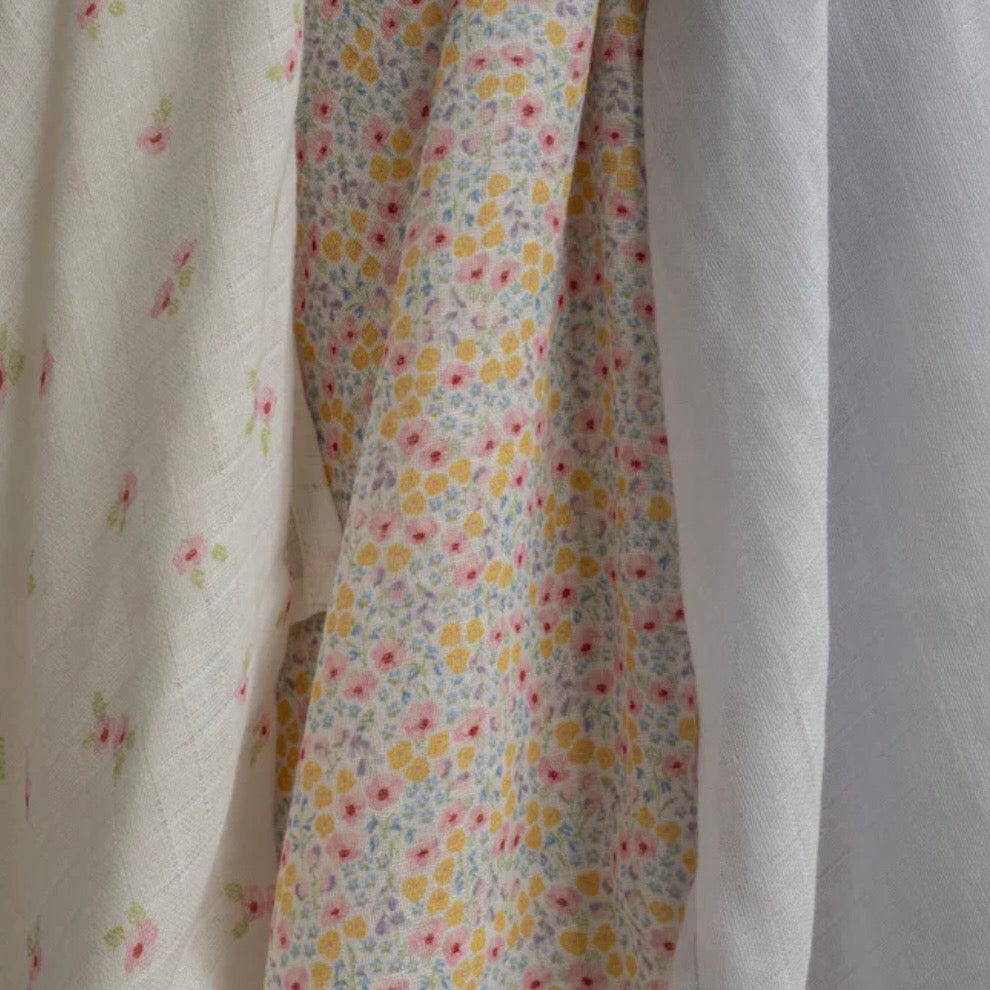 Image showing our Muslin Squares set of three in Wildflower Garden print 