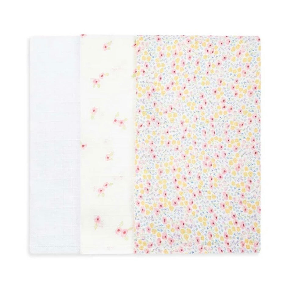 Set of three Muslin squares in floral prints 
Perfect for a new baby present 