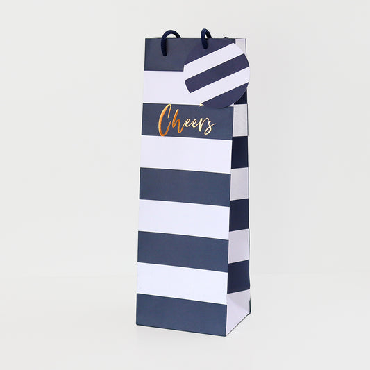 Navy stripe bottle gift bag with 'cheers' written on the front in gold
