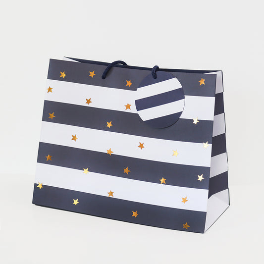 Large navy stripe gift bag, with gold stars