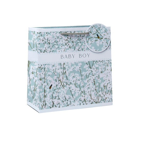 Blue gift bag for new born baby boys with a blue gypsophila print 