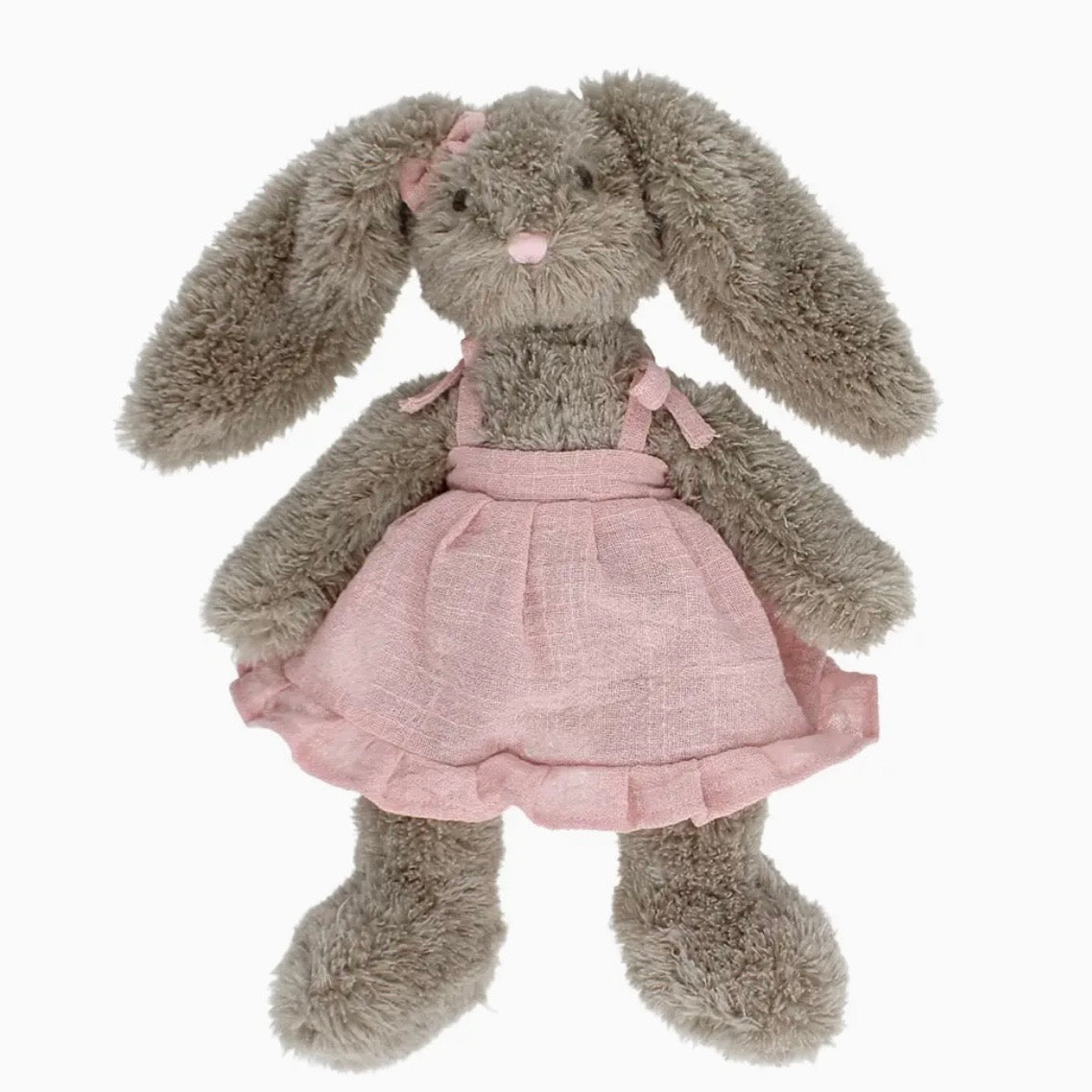 A plush stuffed bunny toy in soft gray-brown fur, wearing a pink dress with ruffled trim and small pink bows, photographed against a plain white background.

cuddly toy rabbit, soft toy for girls, bunny stuffed animal, nursery plush toy, Easter bunny plush, comforter toy, huggable toy for toddlers, baby shower gift, keepsake soft toy, rabbit plushie, dressed bunny toy