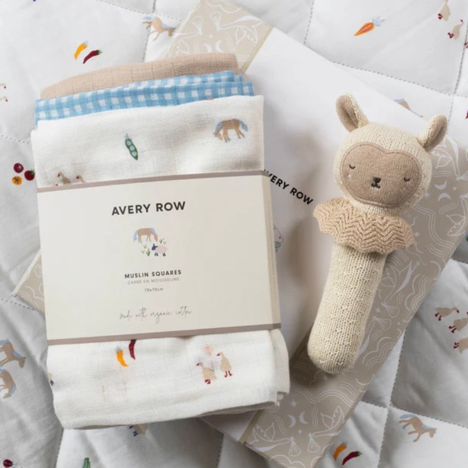 Set of three muslin squares and rattle, all in a farm theme 