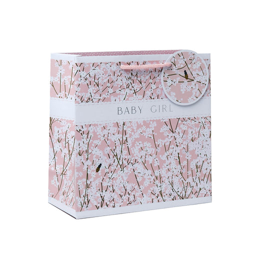 Pink gift bag for new born baby girl with gypsophila design all over