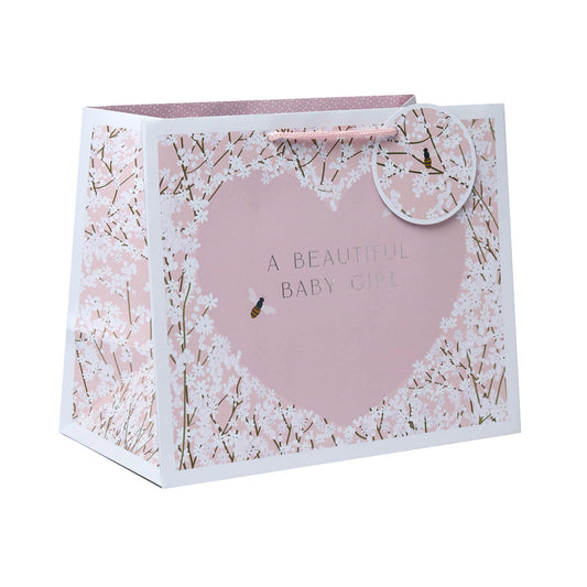 Large gift bag for new born baby girl, with a pink gypsophila print all over