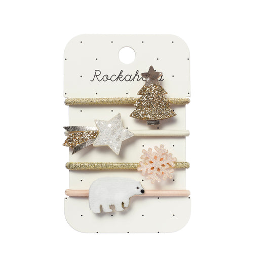 Set of four Christmas hair ponies on a branded card with 'Rockahula' logo.