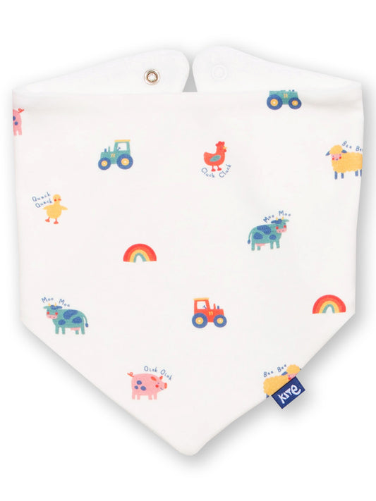 Baby bib with colorful animal and vehicle patterns on a white background
