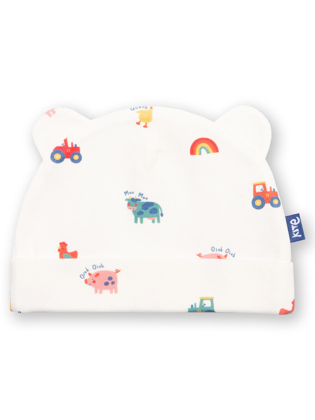 Children's hat with animal and vehicle patterns on a white background