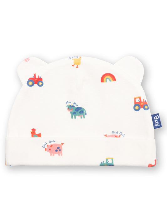 Children's hat with animal and vehicle patterns on a white background
