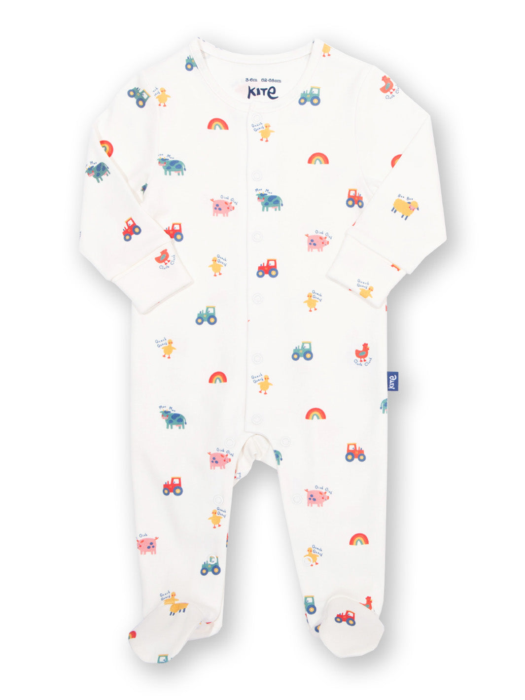 Baby onesie with colorful patterns on a white background