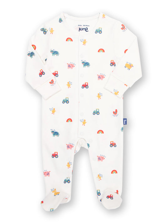Baby onesie with colorful patterns on a white background