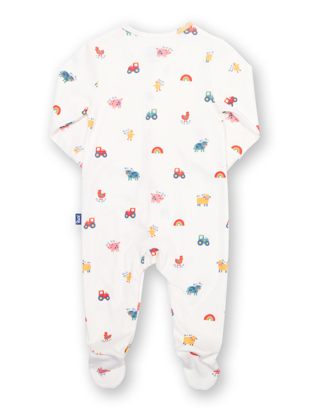 White baby onesie with colorful prints on a white background
