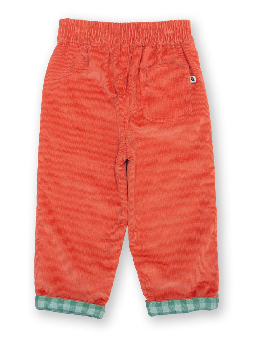 Orange corduroy trousers with plaid cuffs on a white background