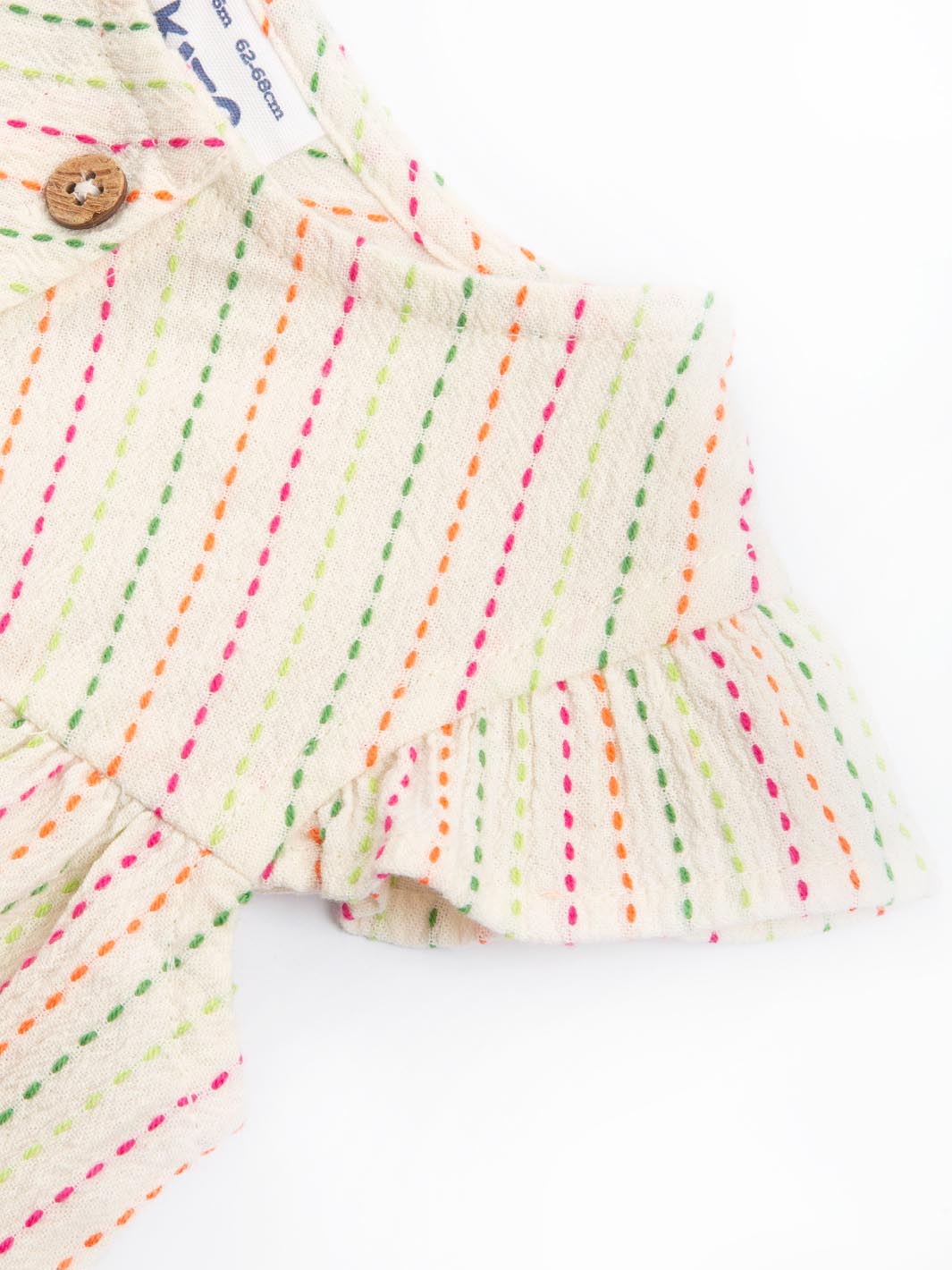 Close-up of a baby dress with colourful thread pattern on a white background

Dress
Baby clothing 
New baby gift
Baby clothes 
Organic cotton