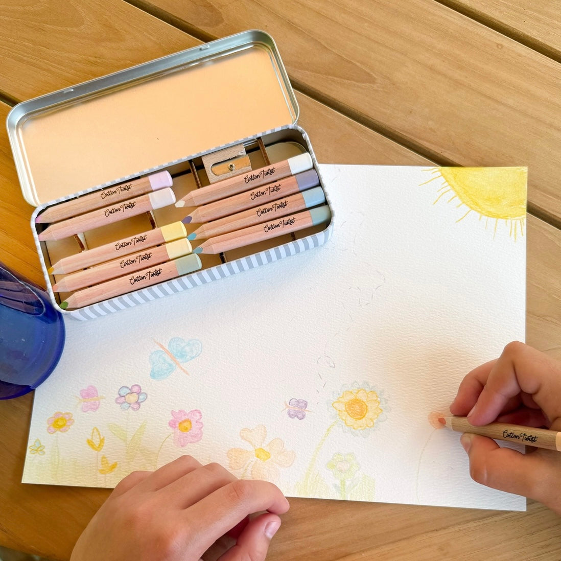 Pastel Watercolour Pencils being used. 
Perfect for childrens crafts. Plastic free